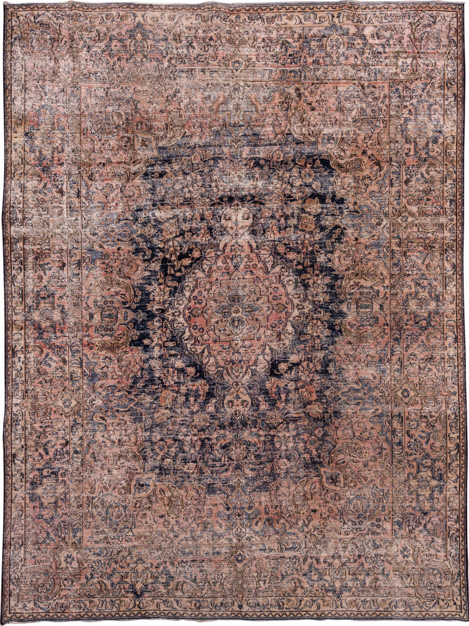 9' x 12' one-of-a-kind handmade vintage Distressed large size rug. Color palette: black, blue, brown, gray, light gray