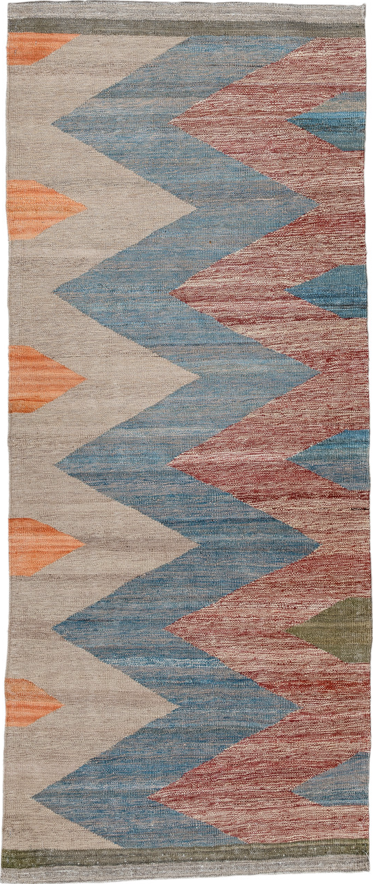 2' x 6' one-of-a-kind handmade vintage Kilim runner rug. Color palette: blue, brown, dark gray, gray, light gray, off-white