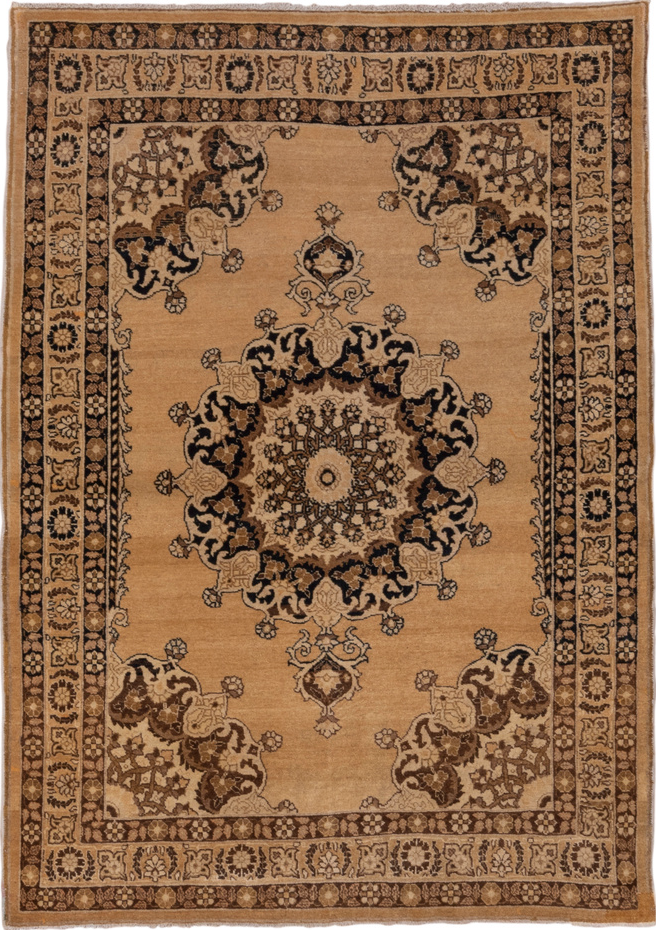 4' x 6' one-of-a-kind handmade vintage Tabriz small size rug. Color palette: black, brown, gray, light gray, off-white, pink