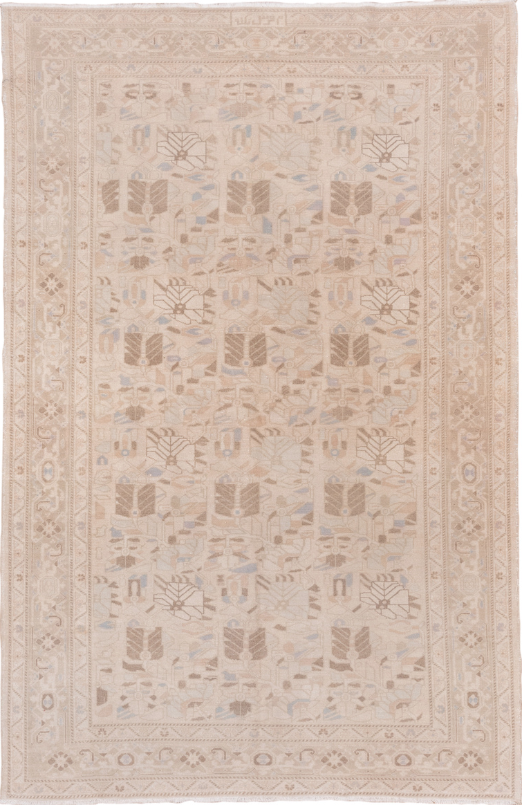 6' x 9' one-of-a-kind handmade vintage Oushak medium size rug. Color palette: brown, gray, light gray, off-white, orange