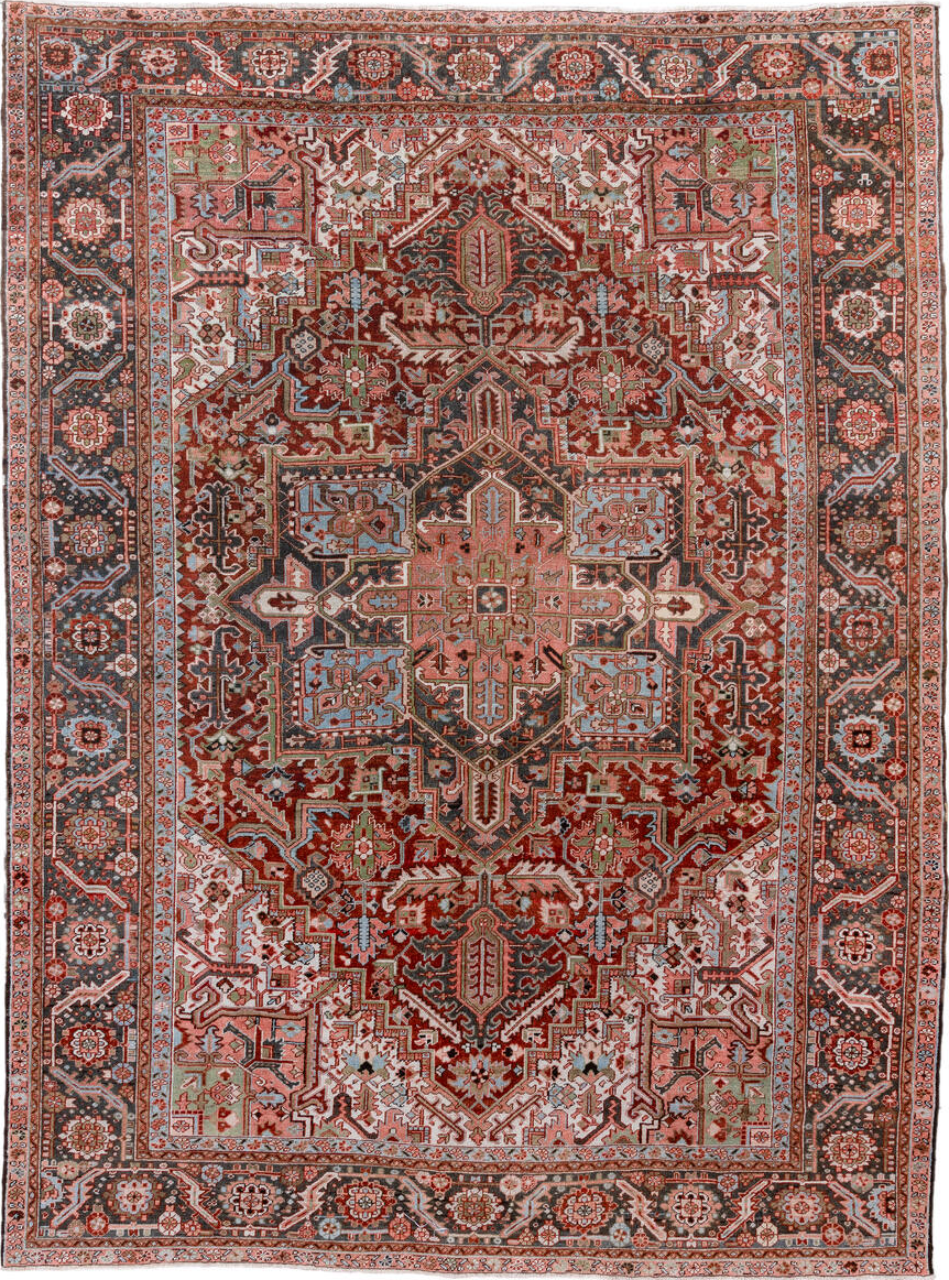 9' x 12' one-of-a-kind handmade vintage Heriz large size rug. Color palette: brown, gainsboro, gray, light blue, light gray