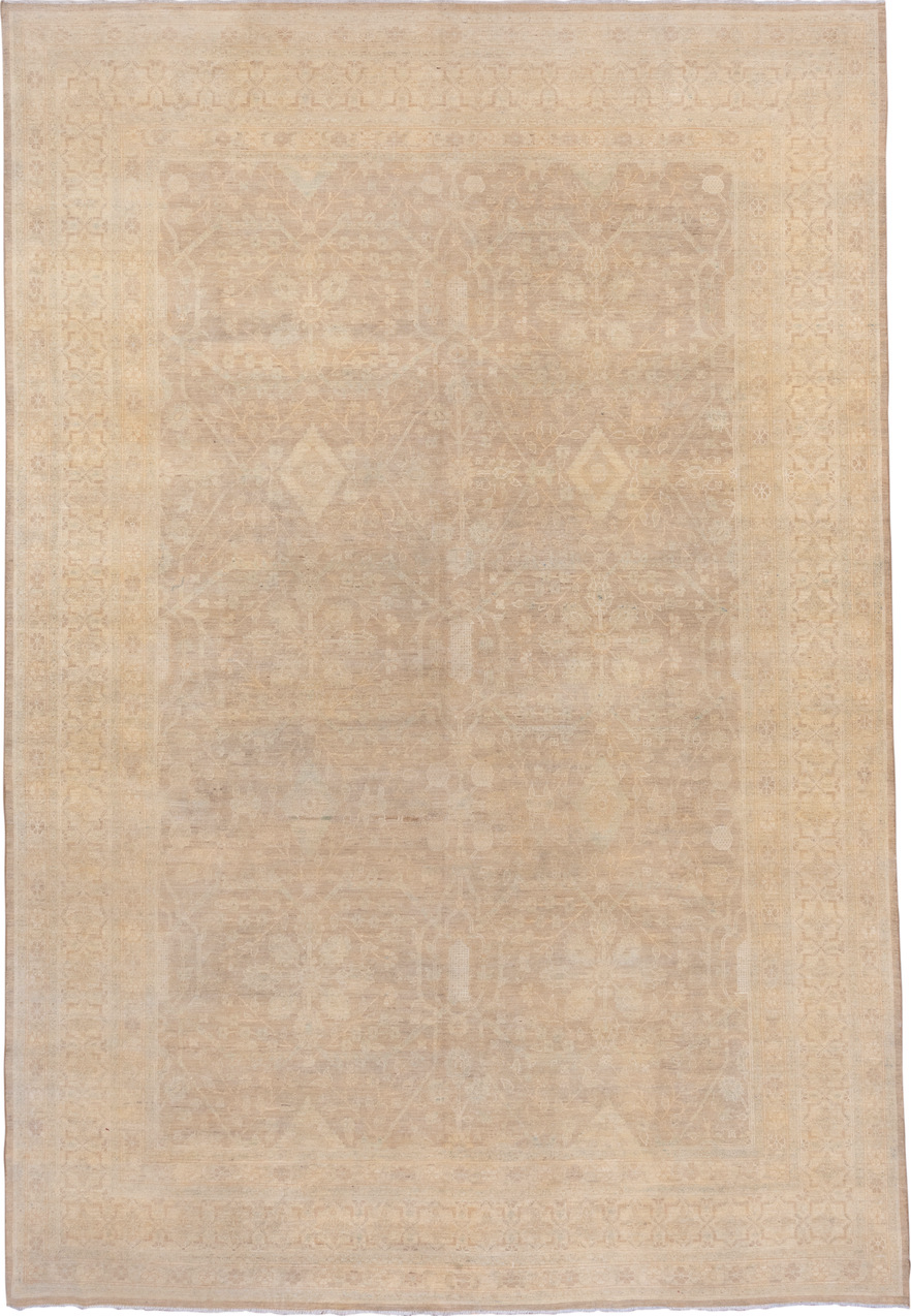 8' x 13' one-of-a-kind handmade vintage Sivas large size rug. Color palette: brown, off-white, orange, gray