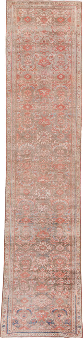 3' x 13' one-of-a-kind handmade vintage Hamadan runner rug. Color palette: gray, light gray, light slate gray, off-white