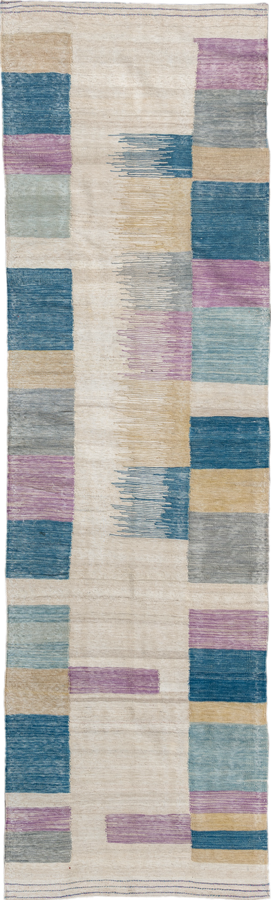2' x 9' one-of-a-kind handmade vintage Kilim runner rug. Color palette: arapawa, blue, brown, dark gray, gainsboro, gray