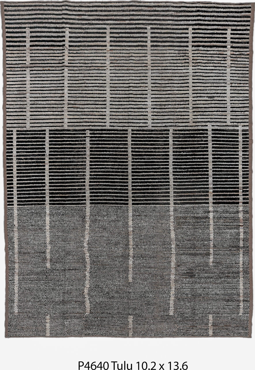 10' x 13' one-of-a-kind handmade vintage Tulu large size rug. Color palette: black, charcoal, dark gray, dim gray, gainsboro