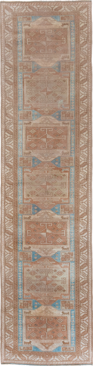 2' x 11' one-of-a-kind handmade vintage Oushak runner rug. Color palette: brown, dark gray, dim gray, gray, light gray