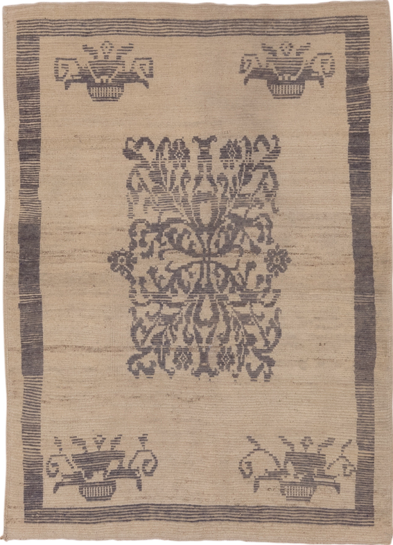 4' x 5' one-of-a-kind handmade vintage Tulu small size rug. Color palette: brown, gray, light gray, off-white, pink, snow