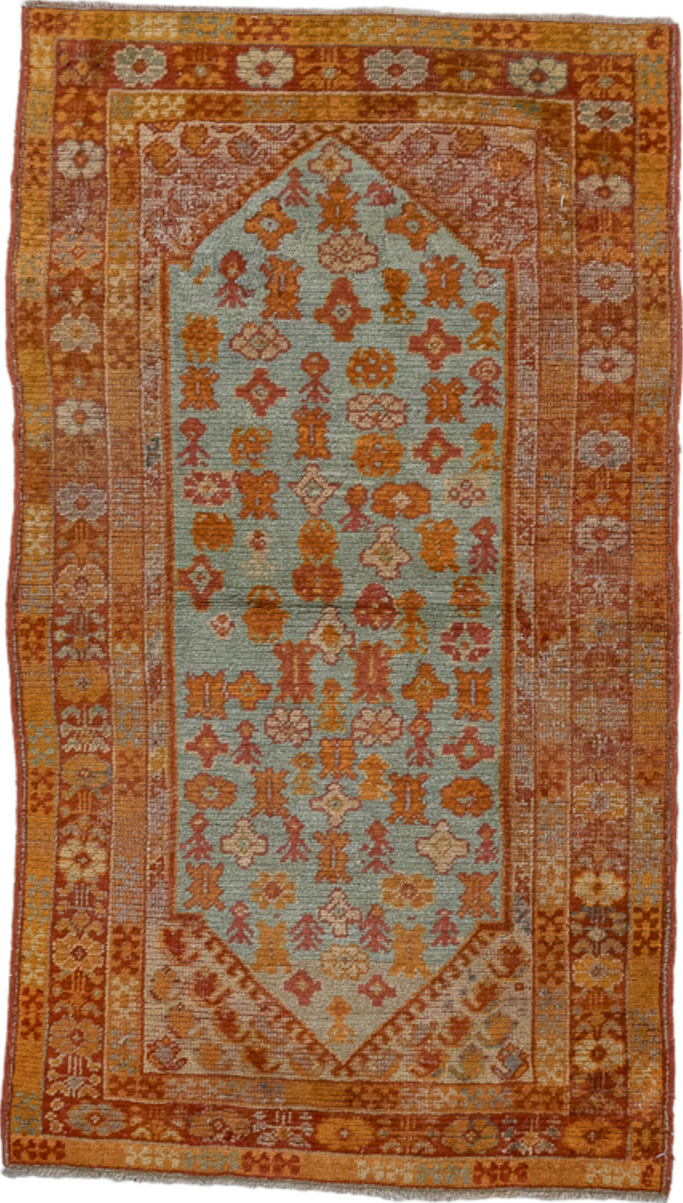3' x 5' one-of-a-kind handmade vintage Oushak small size rug. Color palette: brown, gray, pink, saddle brown