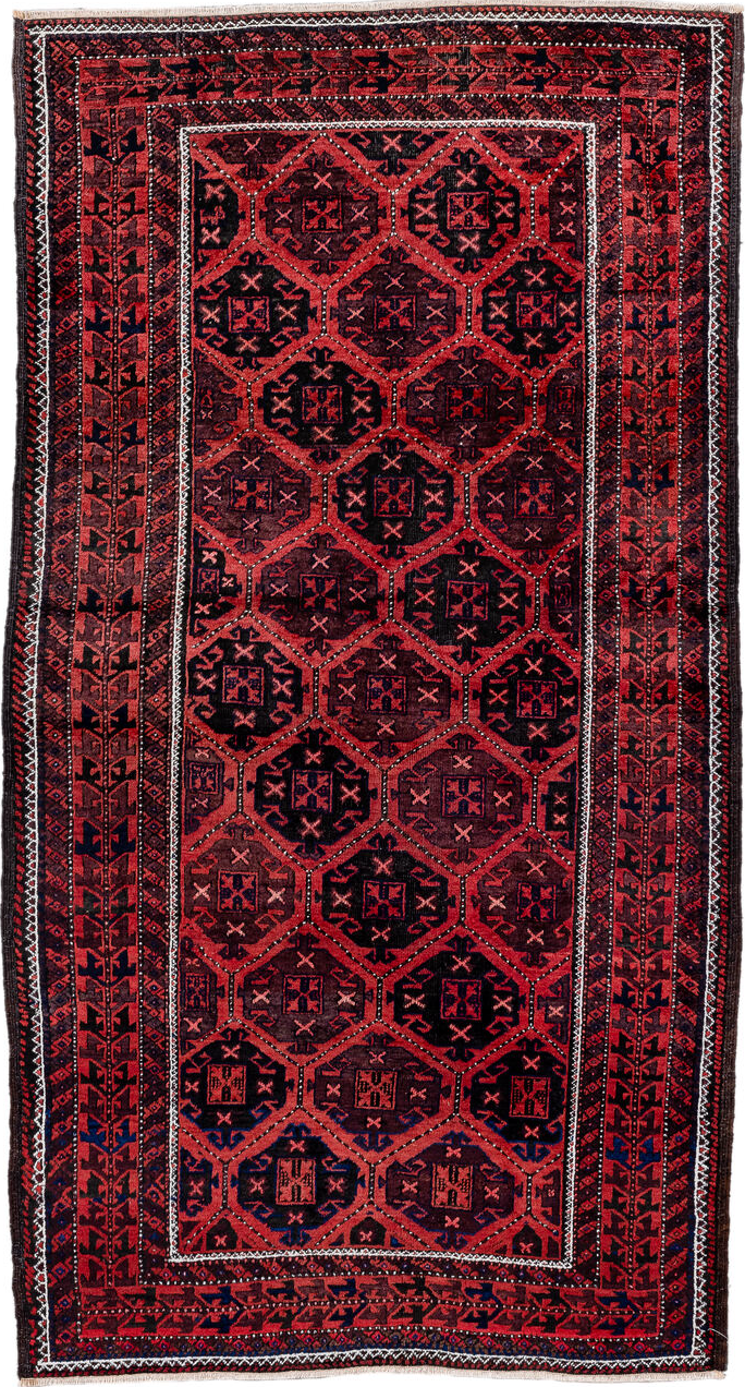 3' x 6' one-of-a-kind handmade vintage Belouch small size rug. Color palette: brown, gray, light coral, light gray, pink