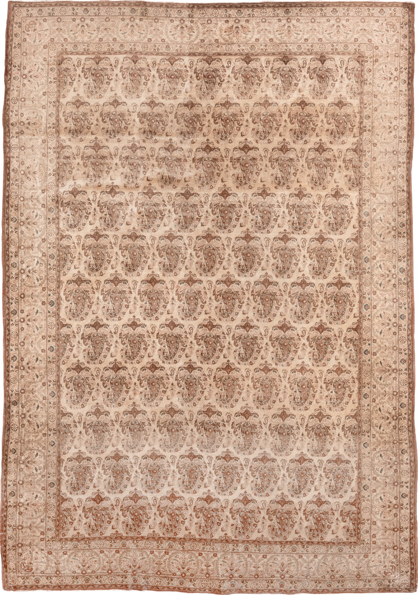 7' x 10' one-of-a-kind handmade vintage Qum large size rug. Color palette: brown, off-white, orange, pink