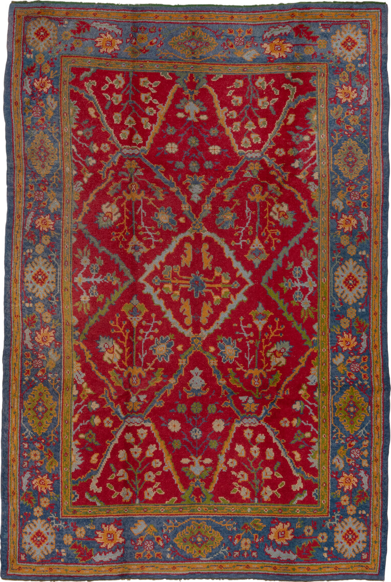 7' x 10' one-of-a-kind handmade vintage European large size rug. Color palette: blue, brown, burgundy, dim gray, gray, red