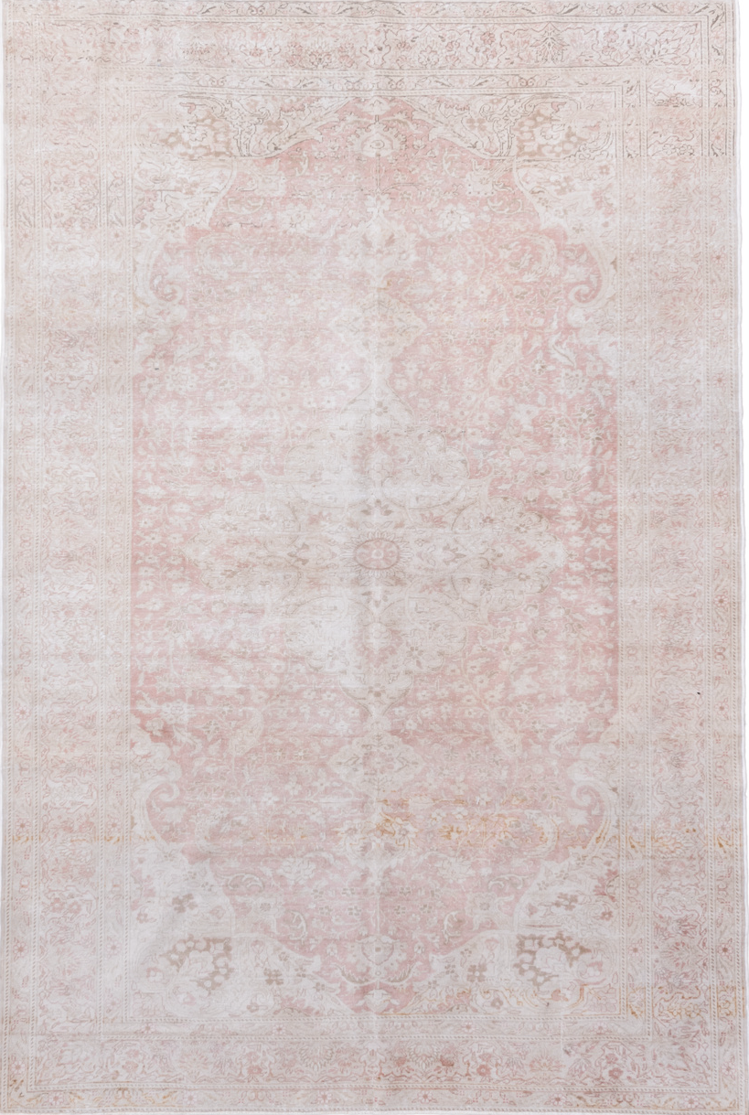 6' x 9' one-of-a-kind handmade vintage Kaisary medium size rug. Color palette: gainsboro, gray, light gray, off-white, pink
