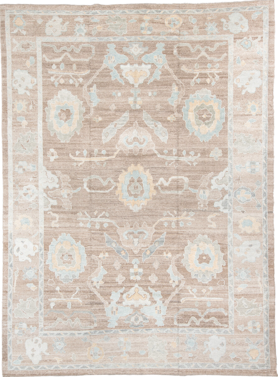 10' x 14' one-of-a-kind handmade vintage large size rug. Color palette: gray, light gray, pink, off-white, brown, orange