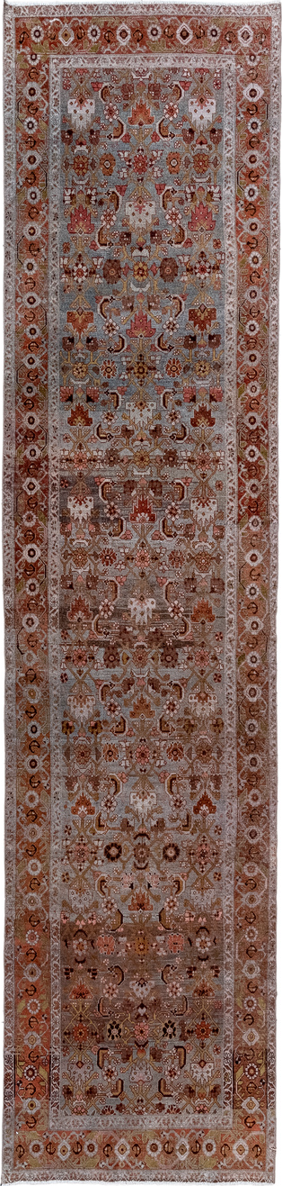 3' x 14' one-of-a-kind handmade vintage Malayer runner rug. Color palette: brown, gray, light gray, off-white, pink, silver