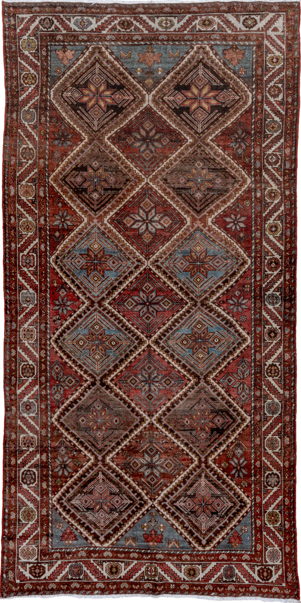 5' x 10' one-of-a-kind handmade vintage Baktiary medium size rug. Color palette: brown, dim gray, gray, light gray, pink