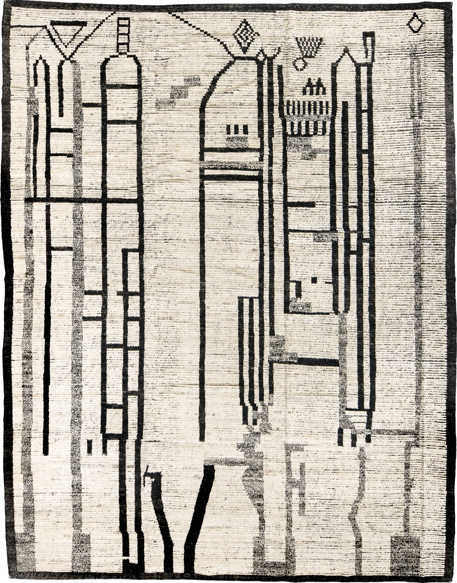 10' x 13' one-of-a-kind handmade vintage Tulu large size rug. Color palette: black, blue, charcoal, dim gray, gainsboro