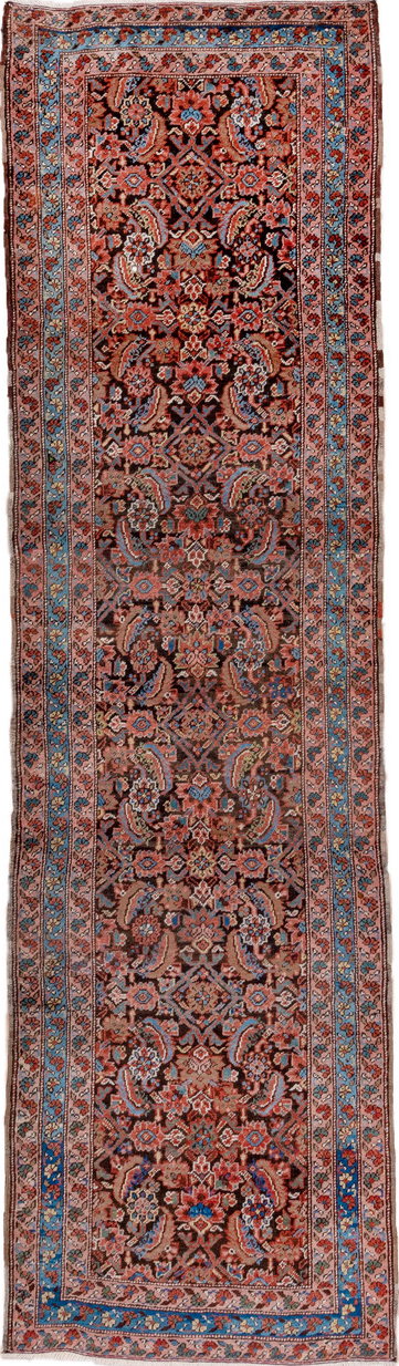 3' x 13' one-of-a-kind handmade vintage Bakhshayesh runner rug. Color palette: black, blue, brown, gray, pink, red