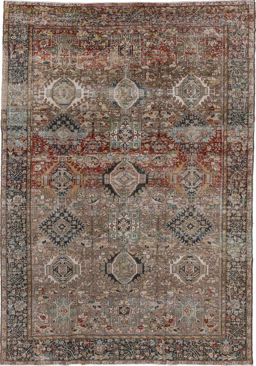 7' x 10' one-of-a-kind handmade vintage Karaje large size rug. Color palette: black, brown, charcoal, dark gray, dim gray