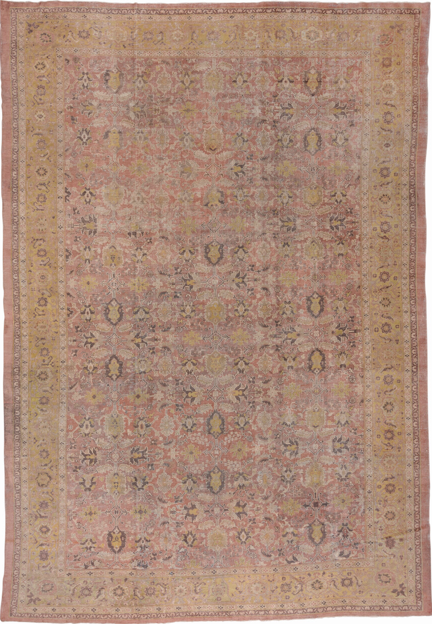 11' x 16' one-of-a-kind handmade vintage Mahal oversize rug. Color palette: brown, gray, light gray, off-white, pink