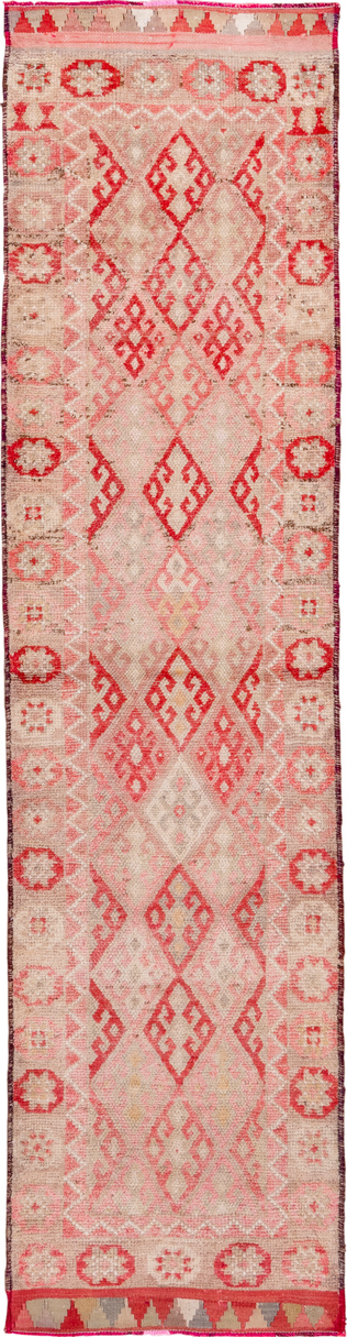3' x 11' one-of-a-kind handmade vintage Oushak runner rug. Color palette: brown, indian red, off-white, orange, pink, red