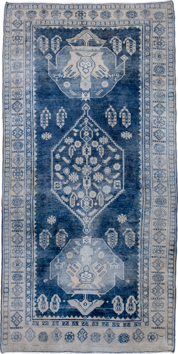 3' x 7' one-of-a-kind handmade vintage Bidjar rug. Color palette: blue, dark gray, dim gray, fiord, gray, light blue