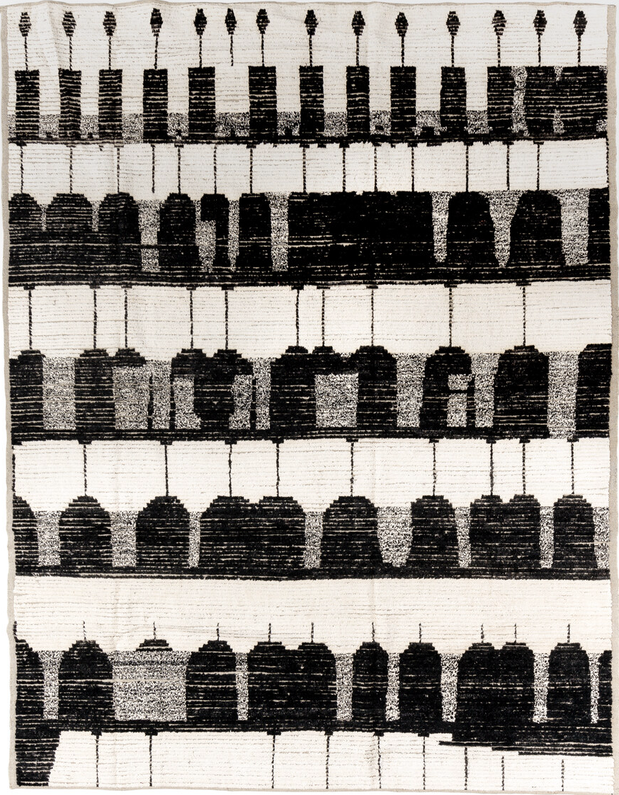 7' x 9' one-of-a-kind handmade vintage Tulu rug. Color palette: black, brown, charcoal, dark gray, gainsboro, gray