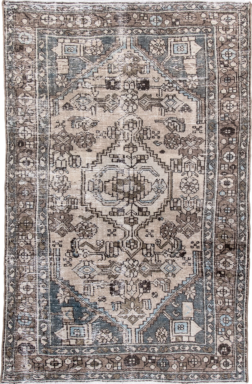 4' x 6' one-of-a-kind handmade vintage Hamadan small size rug. Color palette: black, blue, charcoal, dark gray, dim gray