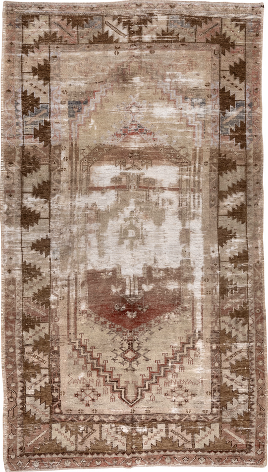 4' x 8' one-of-a-kind handmade vintage Oushak rug. Color palette: brown, gray, light gray, off-white, pink