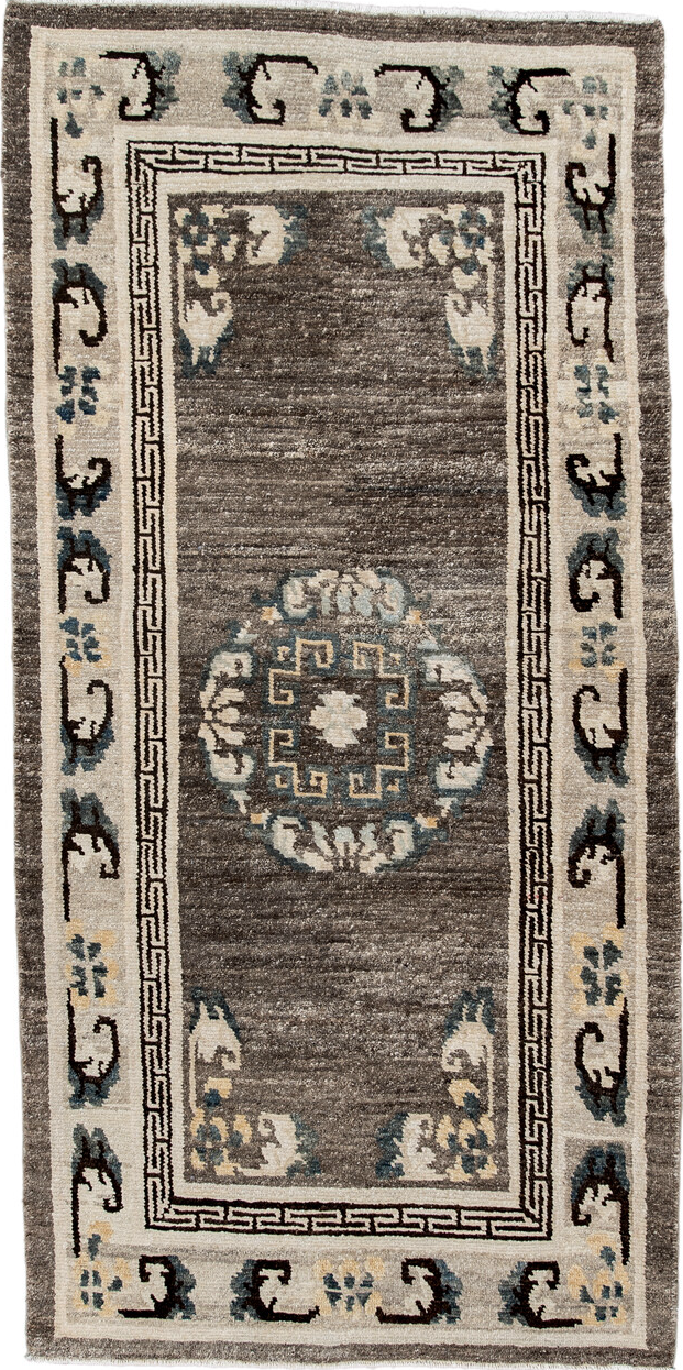 3' x 6' one-of-a-kind handmade vintage Tibetan runner rug. Color palette: antiquewhite, black, blue, brown, charcoal, gray