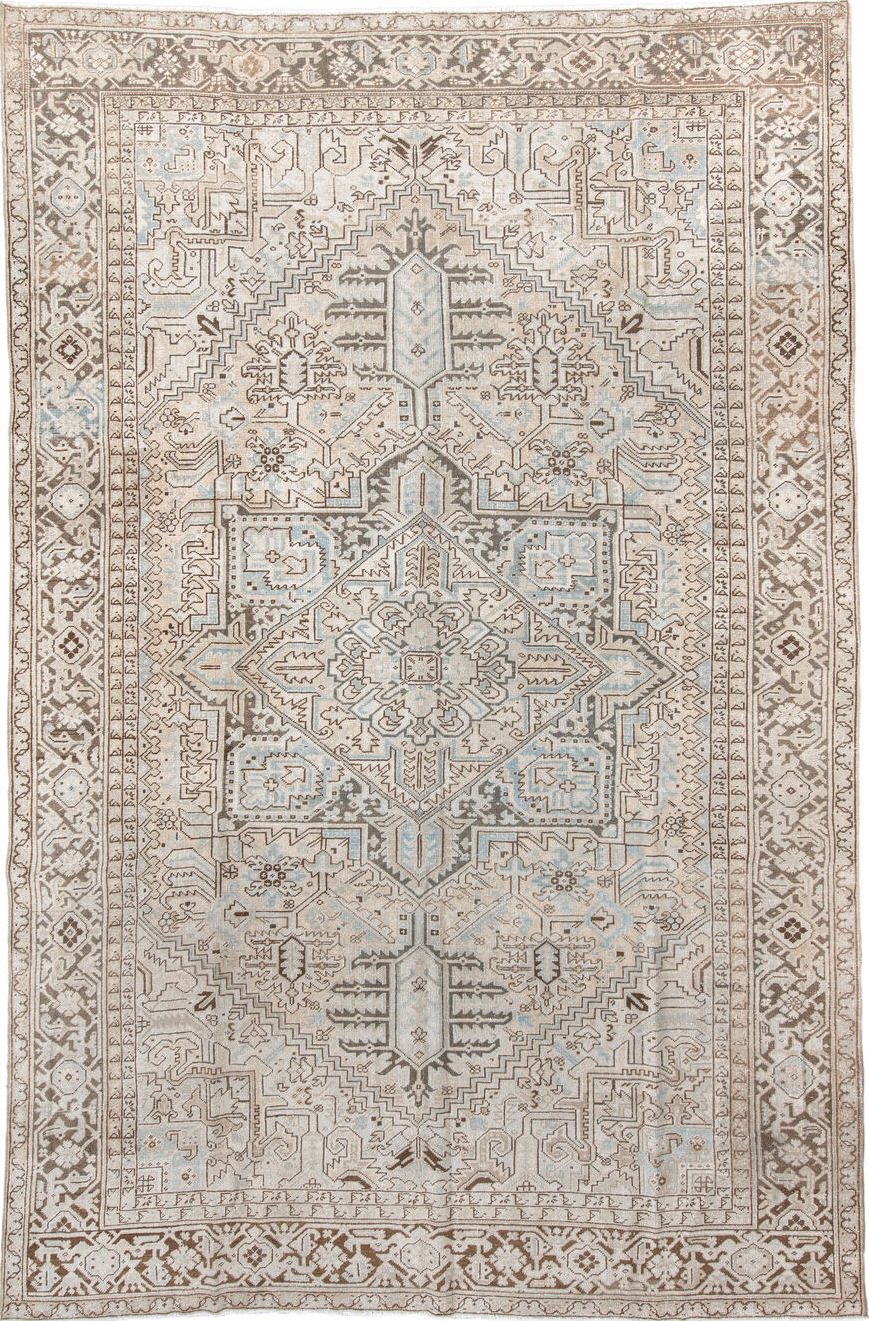 9' x 13' one-of-a-kind handmade vintage Heriz large size rug. Color palette: pink, off-white, gray, light gray, brown, linen