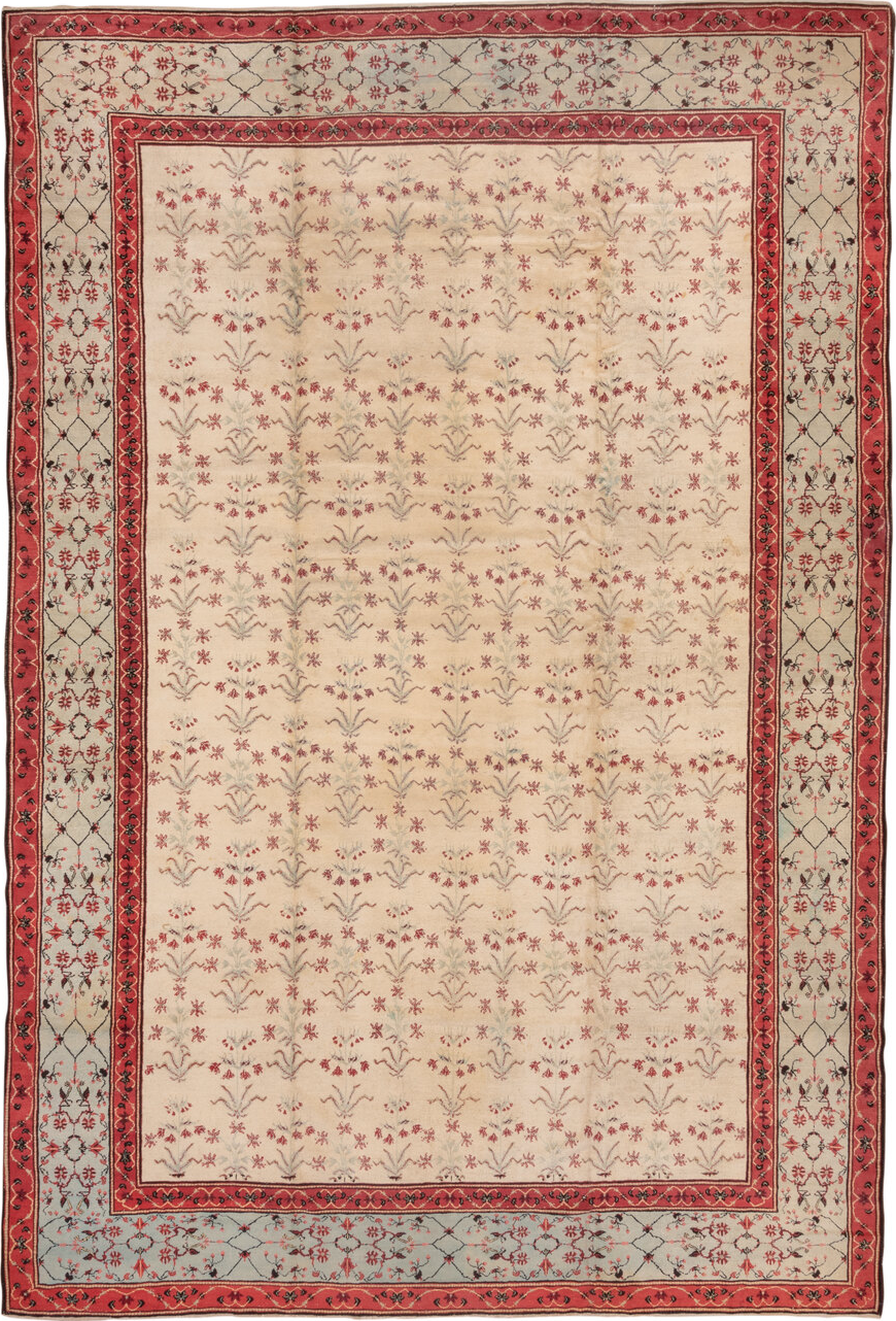 10' x 15' one-of-a-kind handmade vintage Agra rug. Color palette: brown, gray, off-white, orange, pink, red