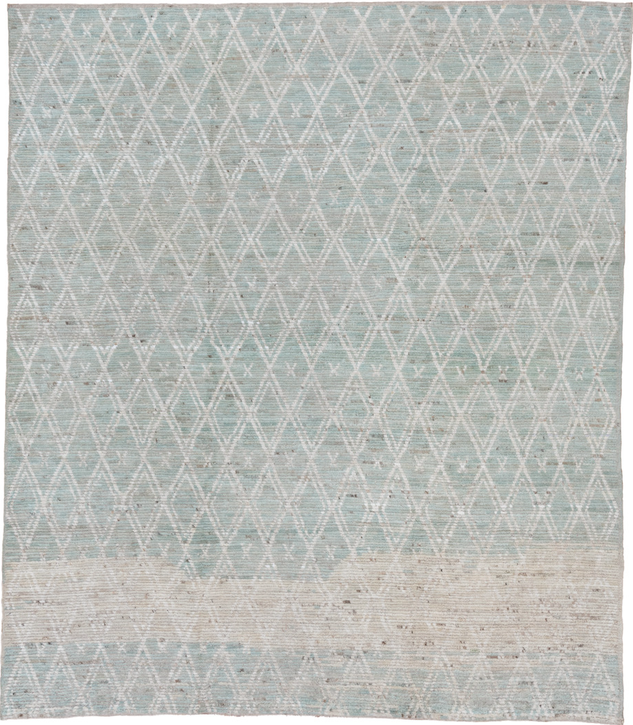 8' x 9' one-of-a-kind handmade vintage Tulu rug. Color palette: dark gray, gainsboro, gray, light gray, off-white, pink