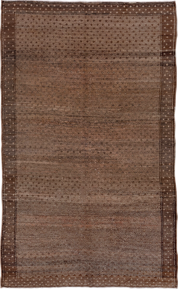 5' x 9' one-of-a-kind handmade vintage Oushak medium size rug. Color palette: brown, gray, pink