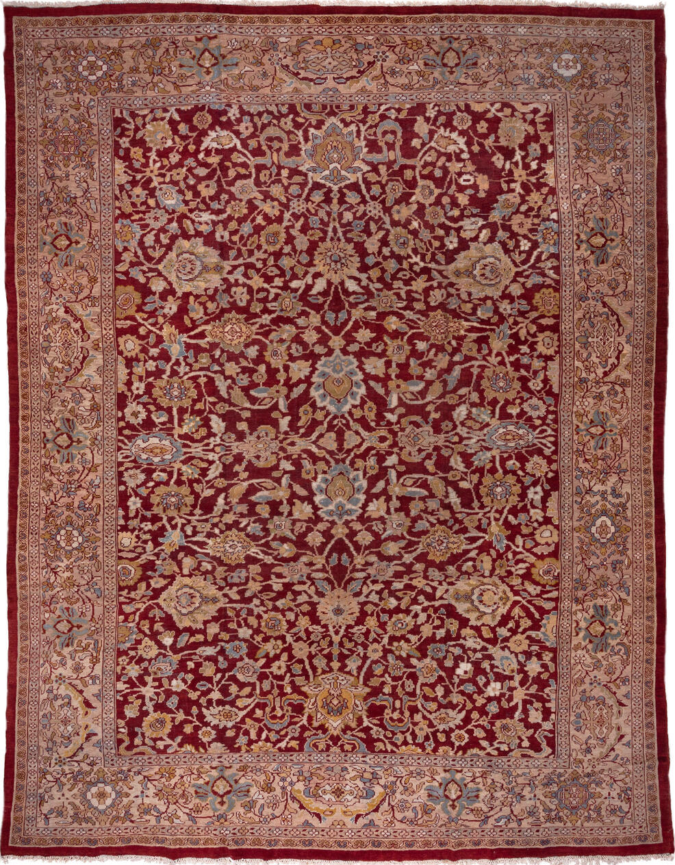 13' x 17' one-of-a-kind handmade vintage Sultanabad oversize rug. Color palette: brown, dim gray, gray, pink, red, wine