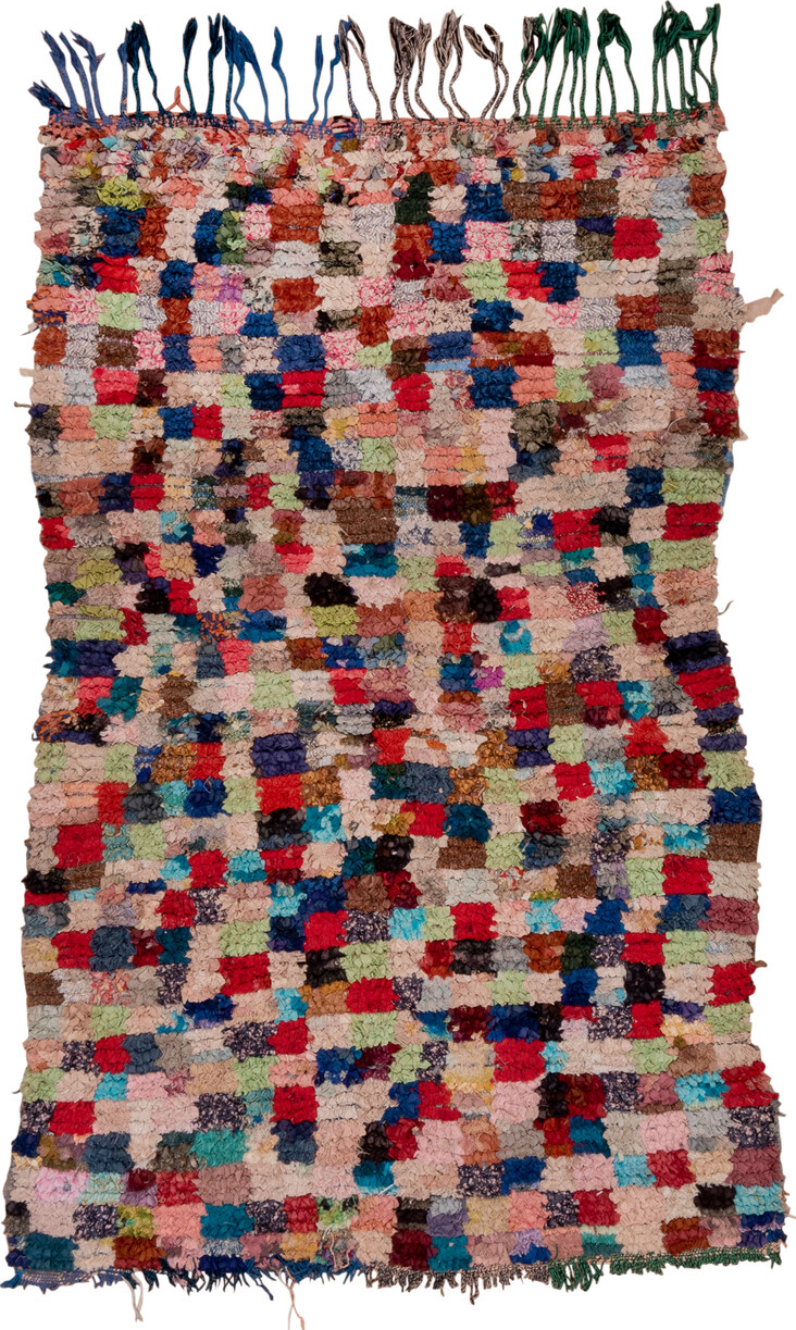 4' x 6' one-of-a-kind handmade vintage Rag Rug small size rug. Color palette: black, blue, brown, cadet blue, fire brick
