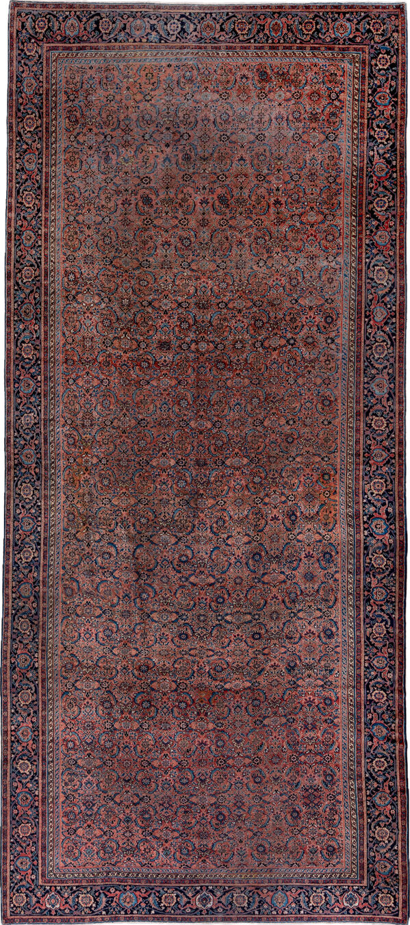 7' x 16' one-of-a-kind handmade vintage Karabagh rug. Color palette: black, blue, brown, gray, pink, red