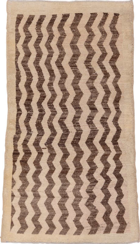 3' x 6' one-of-a-kind handmade vintage Tulu small size rug. Color palette: brown, gray, light gray, off-white, orange, pink