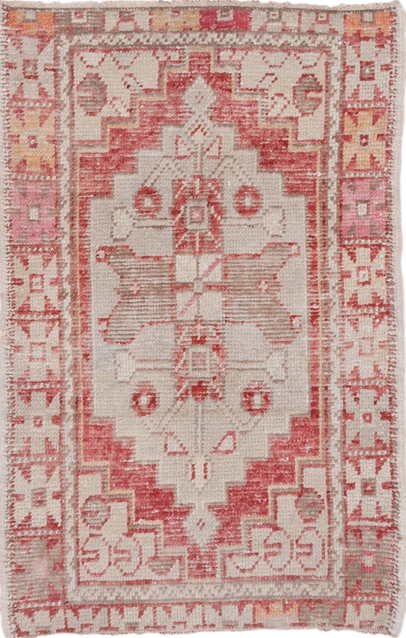 2' x 4' one-of-a-kind handmade vintage Oushak small size rug. Color palette: brown, gray, light gray, off-white, pink, snow