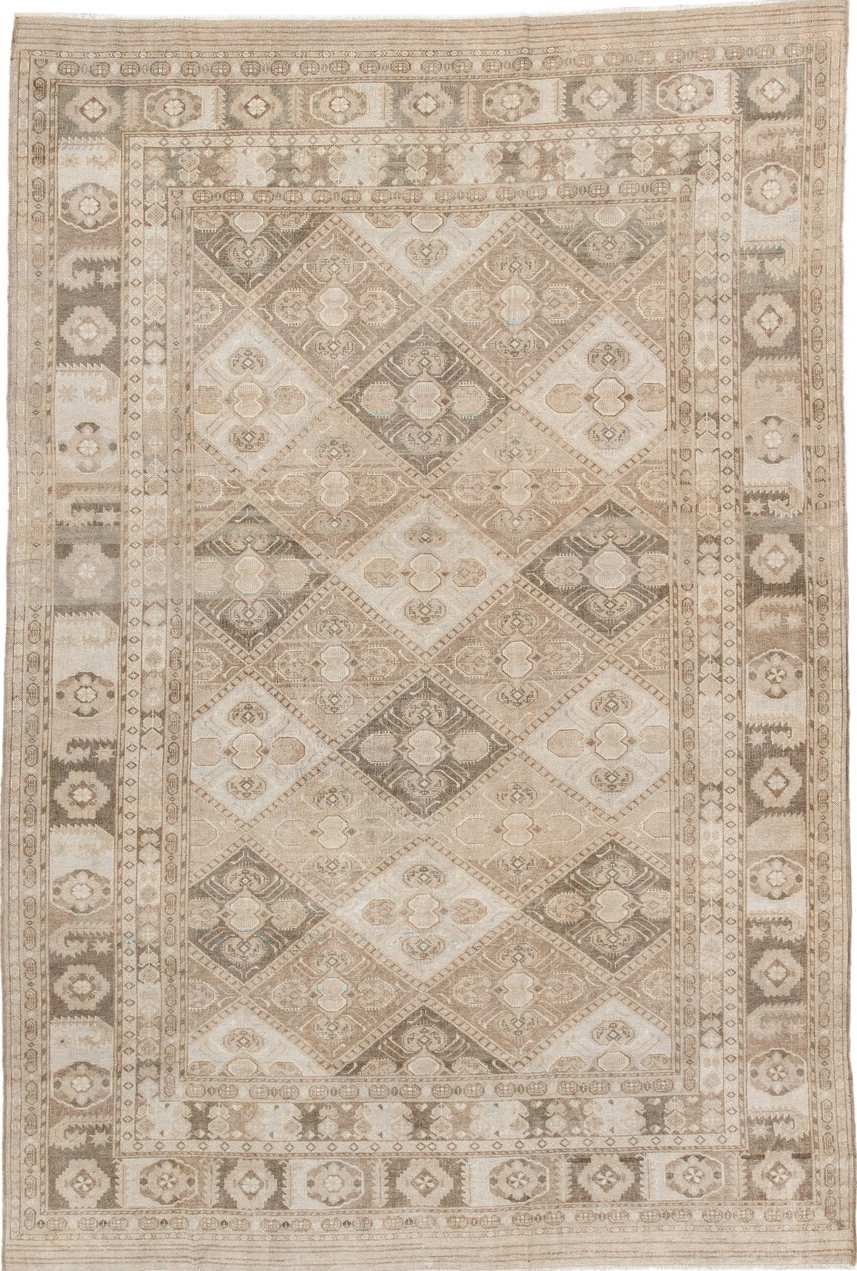 6' x 9' one-of-a-kind handmade vintage Afghan medium size rug. Color palette: brown, gray, light gray, off-white, orange