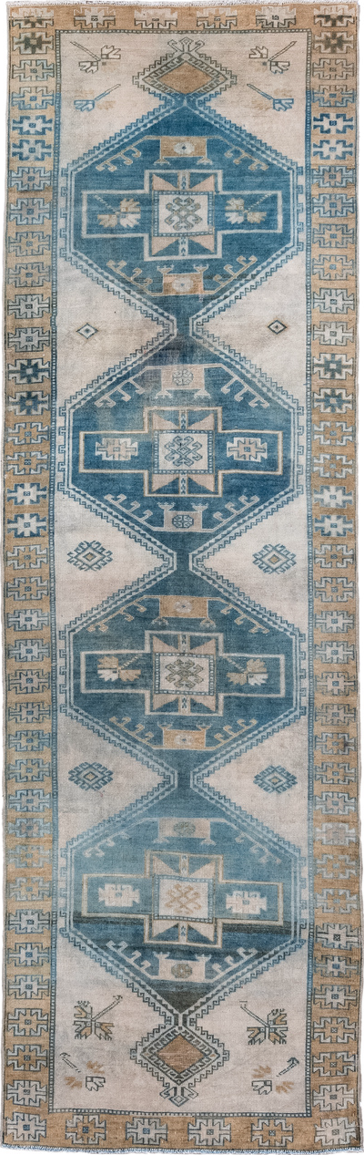 3' x 11' one-of-a-kind handmade vintage Oushak runner rug. Color palette: arapawa, black, blue, gray, light blue, light gray