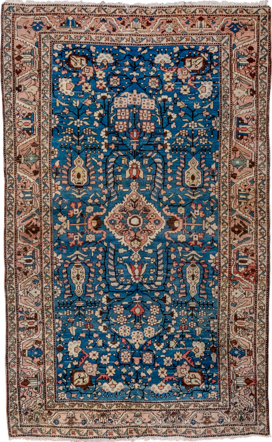 4' x 6' one-of-a-kind handmade vintage Sarouk small size rug. Color palette: arapawa, black, blue, brown, gray, pink
