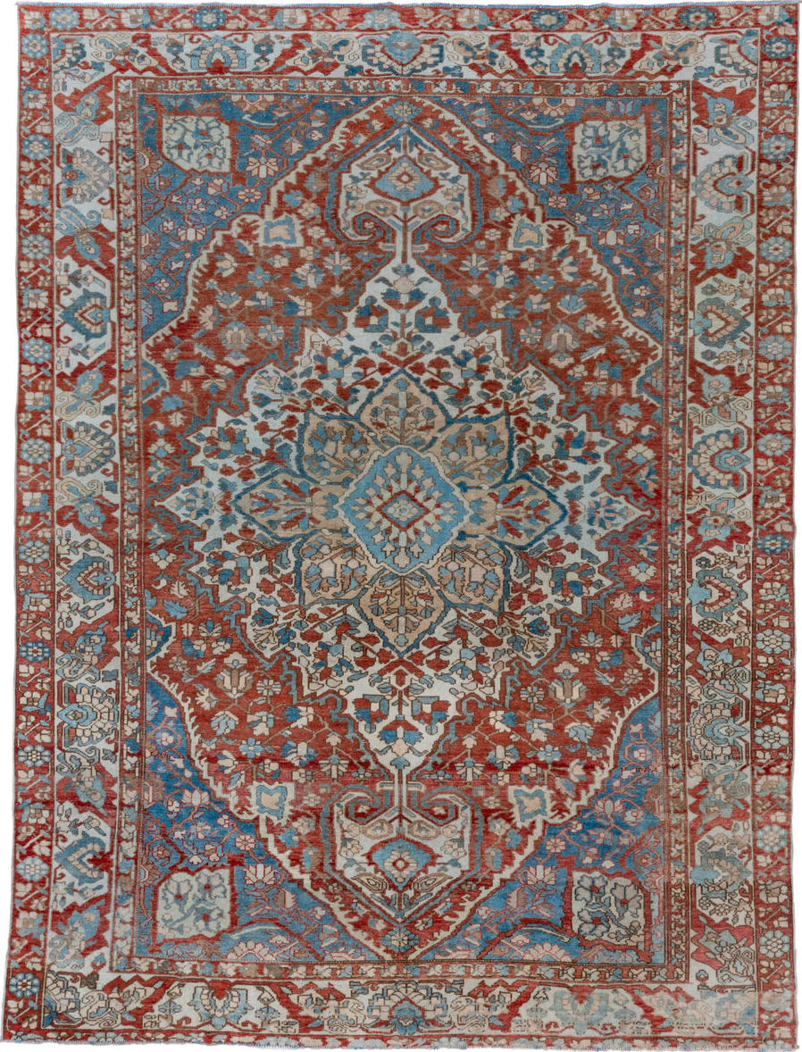 8' x 11' one-of-a-kind handmade vintage Baktiary large size rug. Color palette: blue, brown, dim gray, gray, light blue
