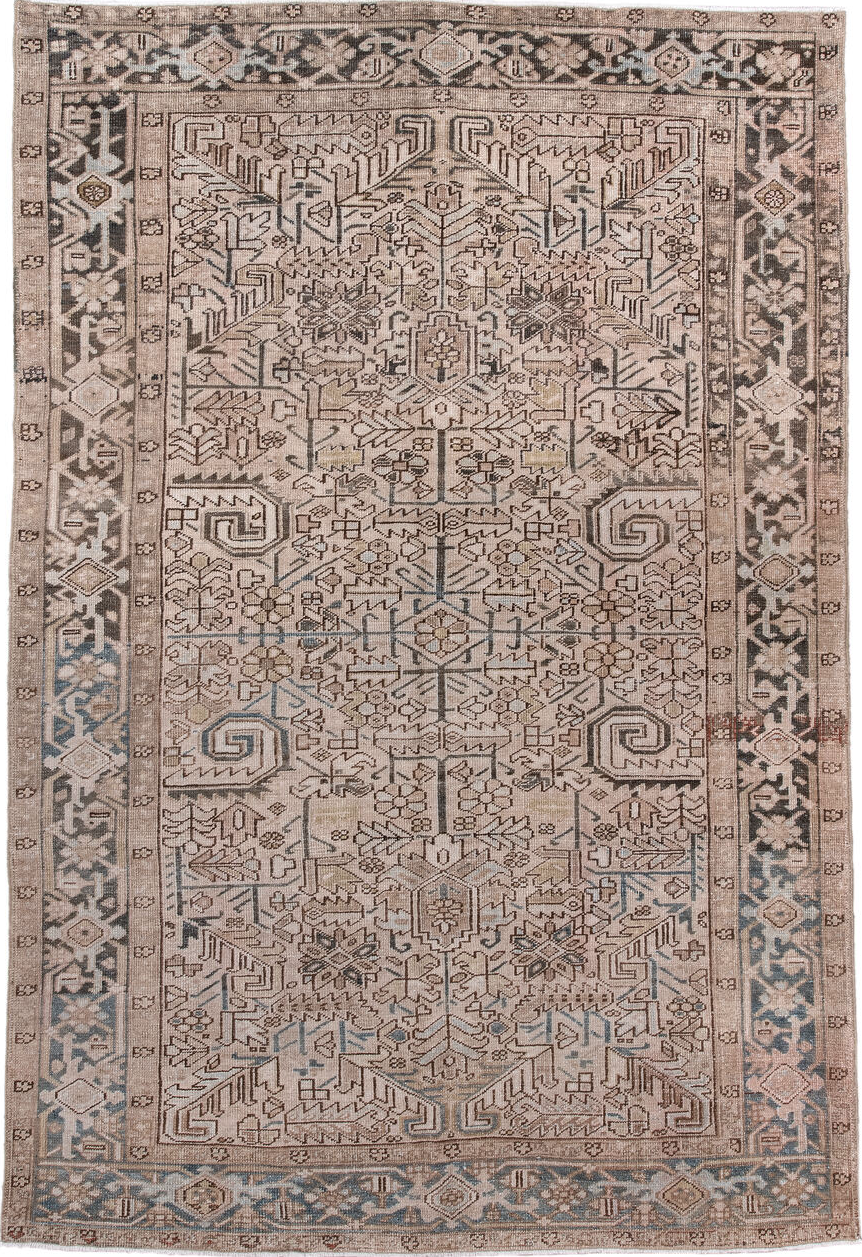 6' x 9' one-of-a-kind handmade vintage Heriz medium size rug. Color palette: brown, dim gray, gray, light gray, off-white