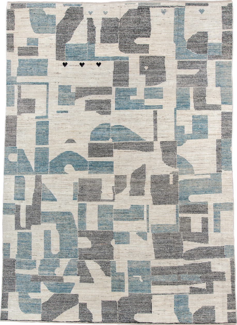 9' x 12' one-of-a-kind handmade vintage Tulu large size rug. Color palette: black, blue, charcoal, dark gray, dim gray, gray