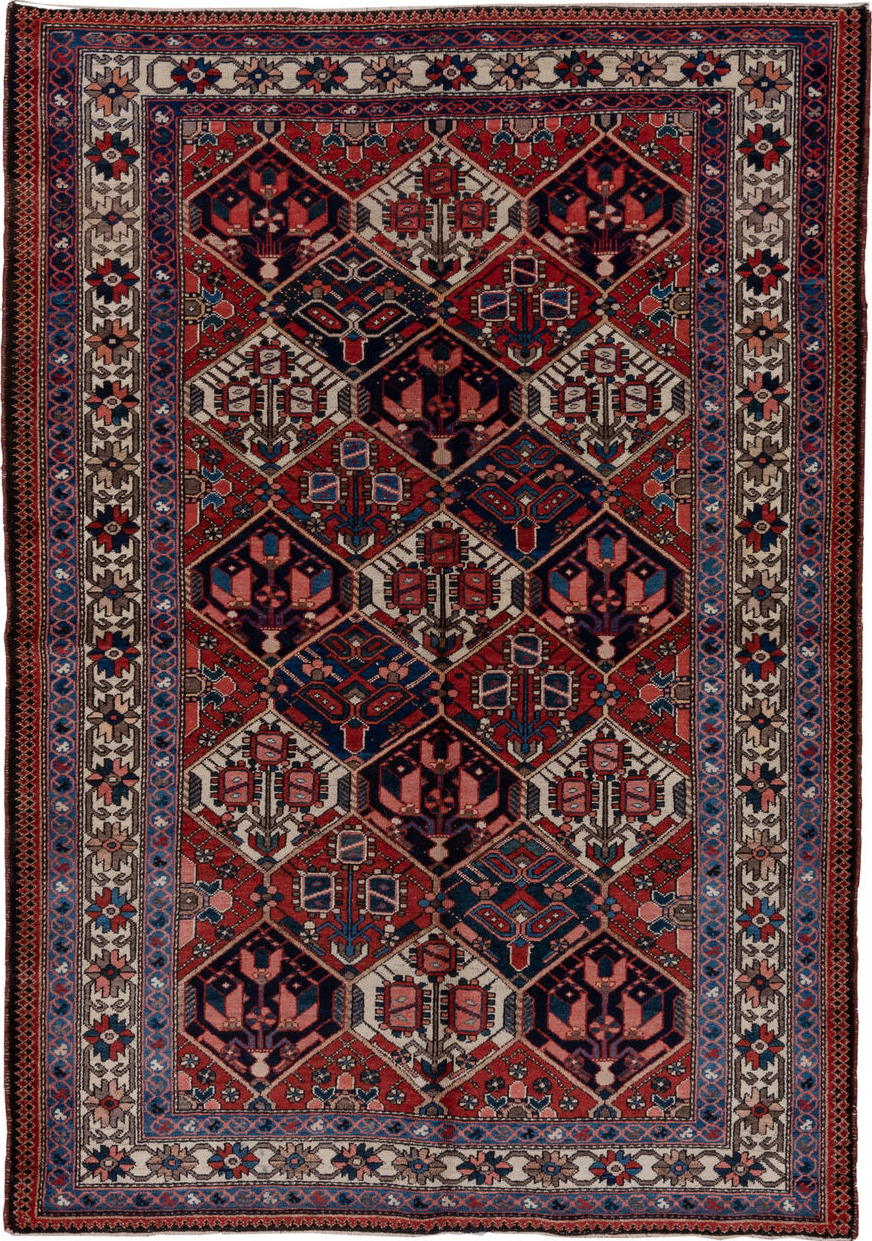 5' x 7' one-of-a-kind handmade vintage Baktiary rug. Color palette: black, blue, brown, charcoal, fiord, gray, light gray