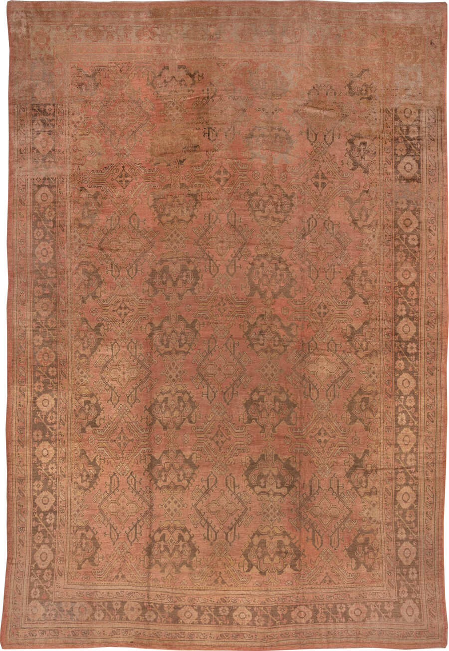 13' x 20' one-of-a-kind handmade vintage Oushak oversize rug. Color palette: brown, off-white, orange, pink
