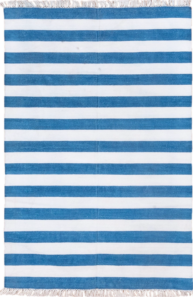 4' x 6' one-of-a-kind handmade vintage Dhurrie small size rug. Color palette: light blue, gray, blue, off-white, light gray