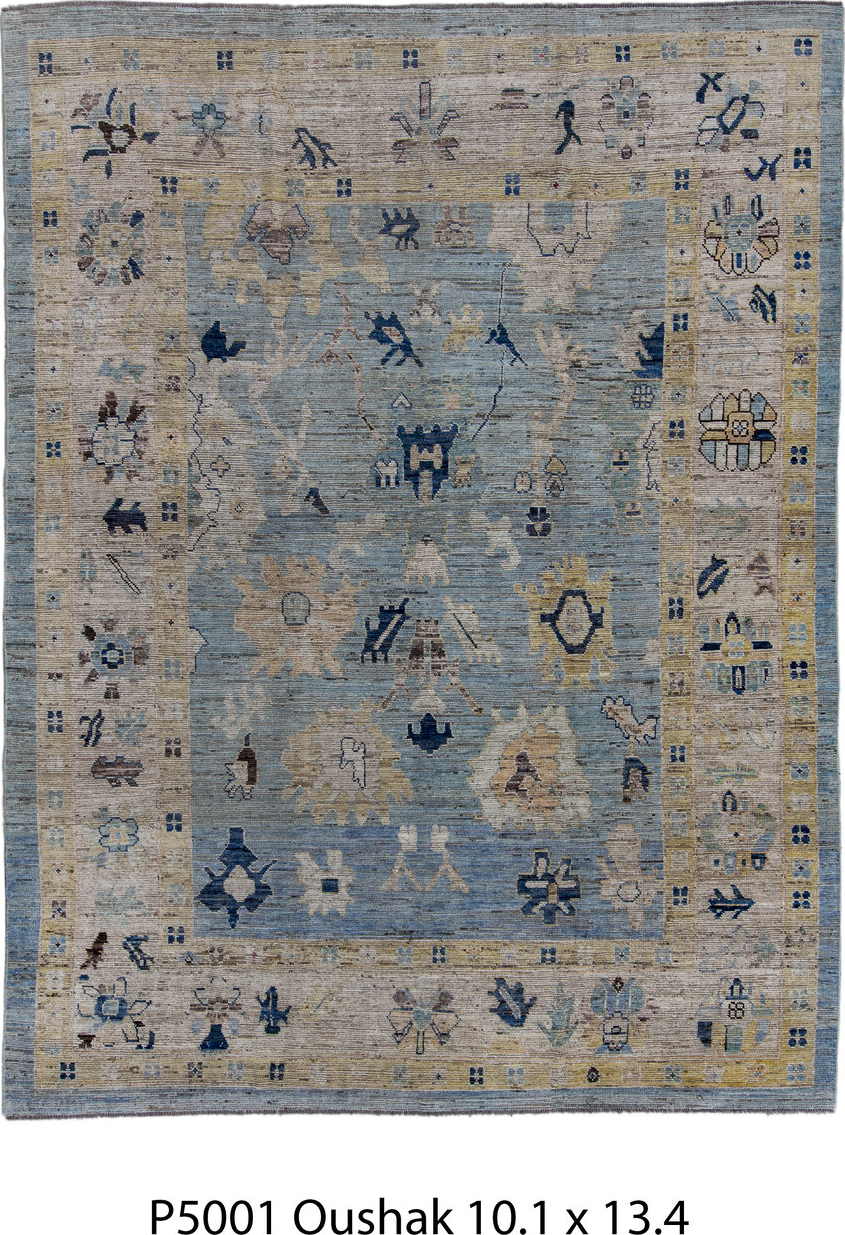 10' x 13' one-of-a-kind handmade vintage Oushak large size rug. Color palette: black, blue, brown, dark gray, dim gray