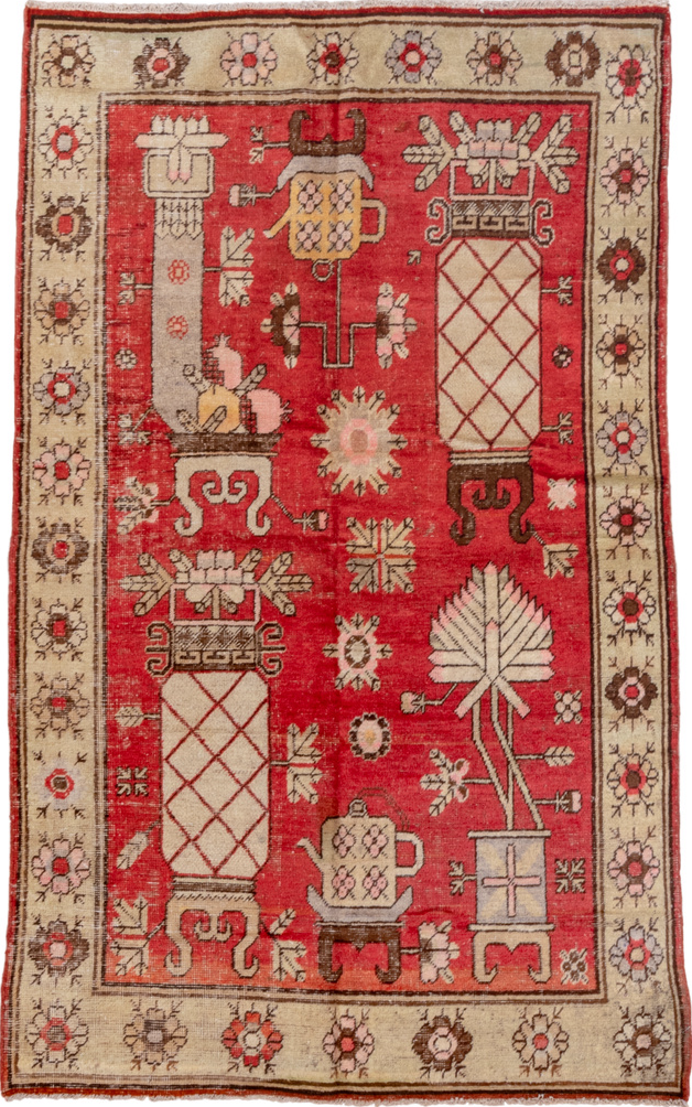 4' x 7' one-of-a-kind handmade vintage Khotan rug. Color palette: brown, fire brick, gray, indian red, light gray, off-white