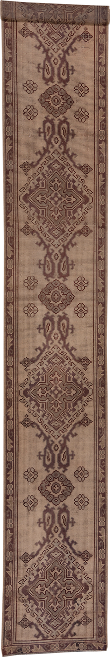 2' x 18' one-of-a-kind handmade vintage Oushak runner rug. Color palette: brown, gray, off-white, pink, snow, white